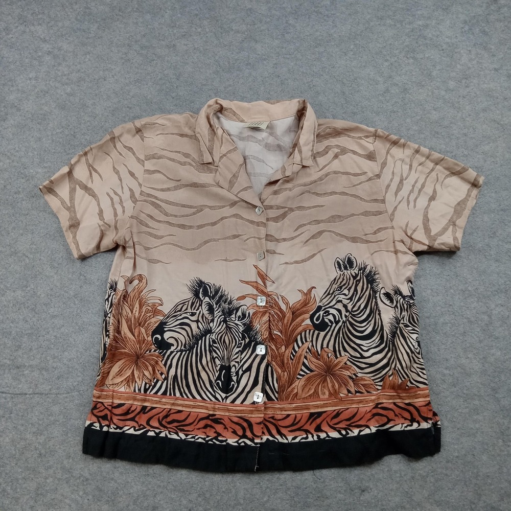 Teddi Shirt Womens Petite Large Tan Zebra Safari Short‎ Sleeve Button Top Rayon